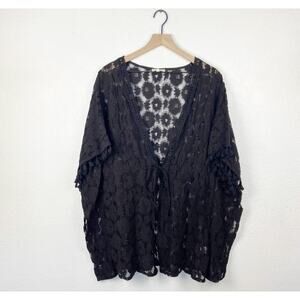 Peach black floral lace short sleeve tie front cover up call